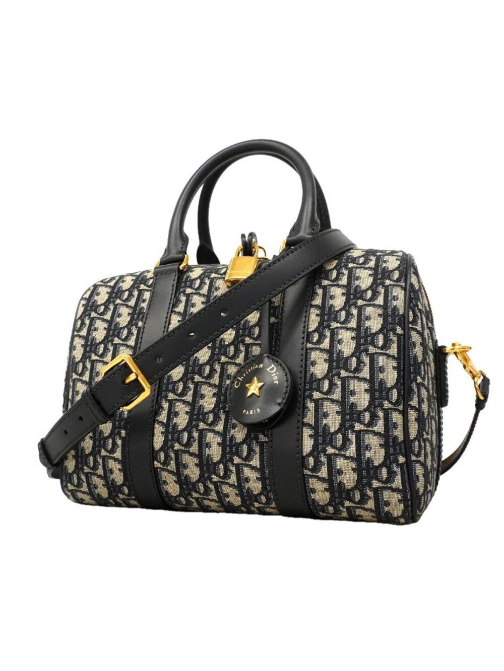 Dior Handbag Trotter Oblique Canvas Navy Gold 2-Way Back